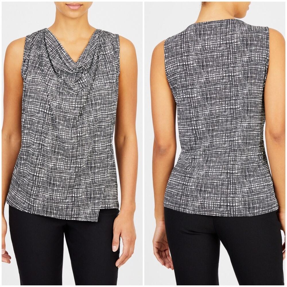 H BY HALSTON Black Geometric Checkered Layered Cowl Sleeveless Blouse XS/S NWT